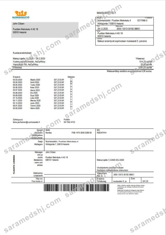 Finland Nuorisosäätiö Youth Foundation bill template in Word format